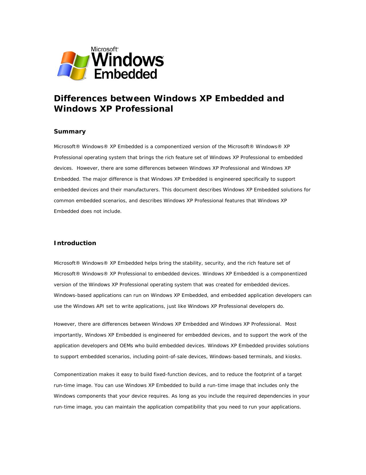 Differences Between Windows XP Embedded and Windows XP Professional