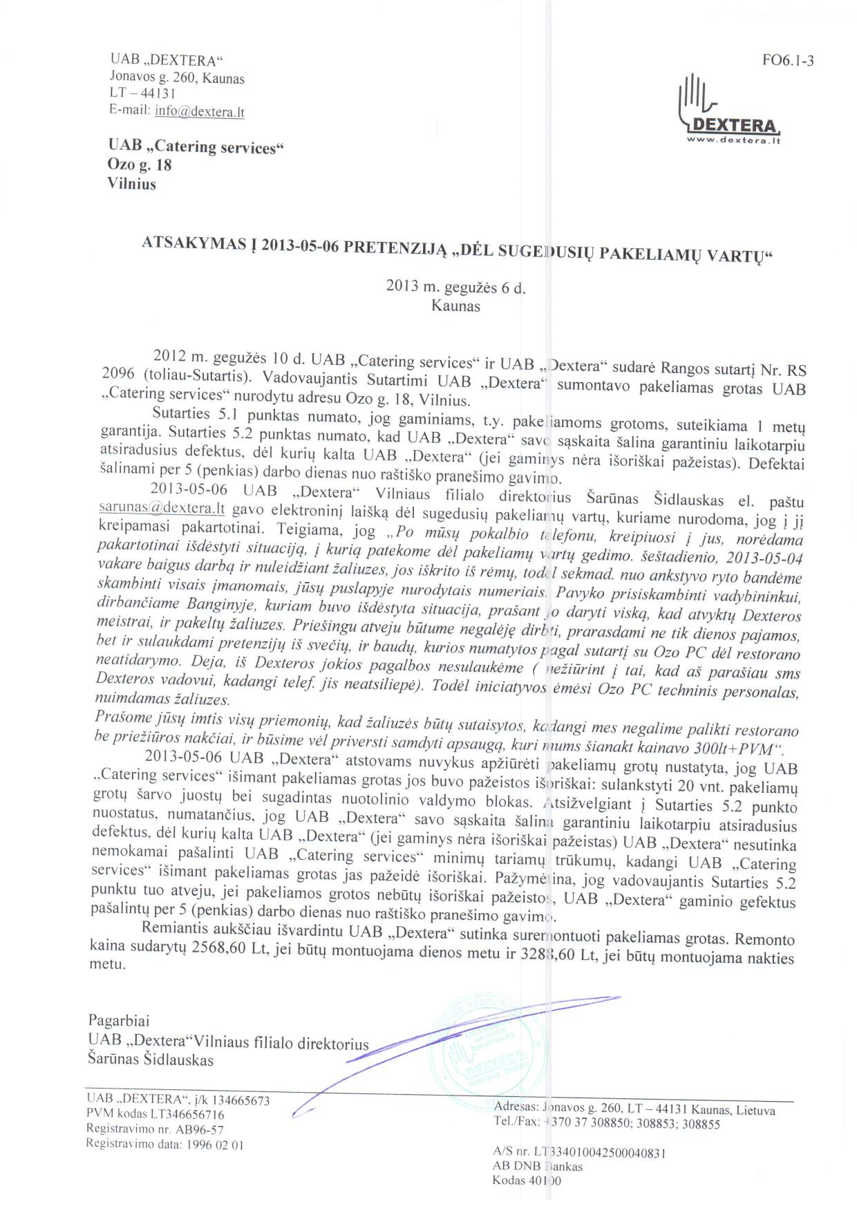 ATSAKYMAS I PRETENZIJA
